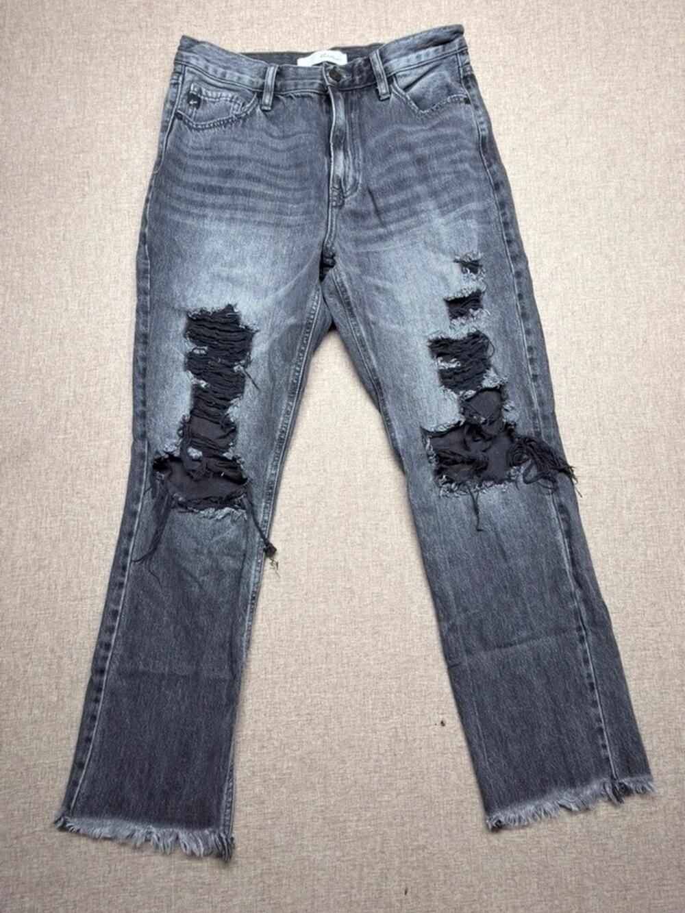 KanCan Jeans Women’s Black Gray Distressed Straight Leg Raw Hem Ripped Denim